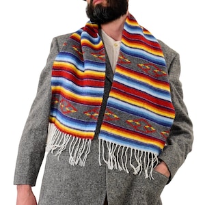 Vintage Mexican Wool Scarf: Colorful Striped Bohemian Fringe