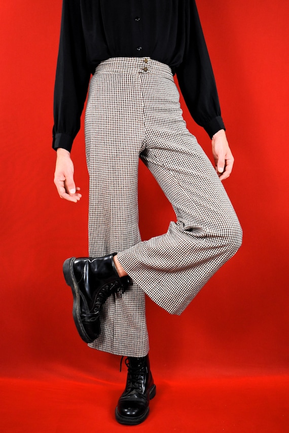 Vintage 70s Italian Wool Pants: Brown Houndstooth Flared Palazzo Trousers High Waist Deadstock