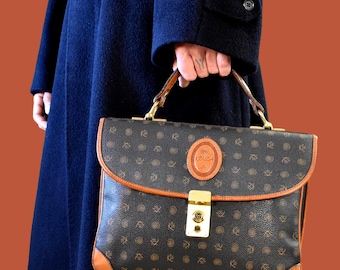 Vintage Kenzia Monogram Satchel: Italian Leather Briefcase, Gold Lock