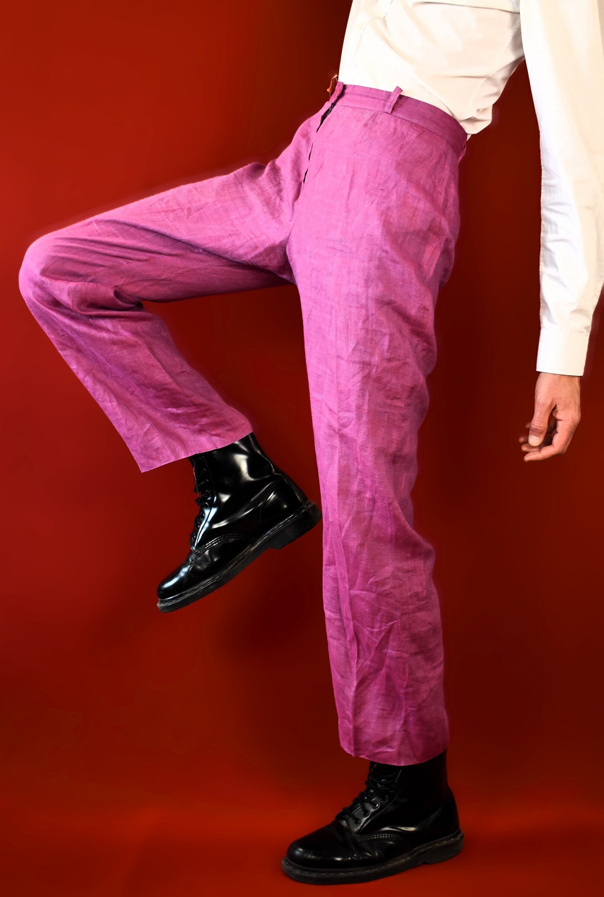 【Italy製】80〜90s linen slacks 80s White Linen Crisp Trousers Vintage Straight Leg Classic