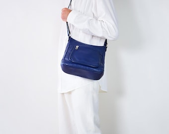 Vintage Italian Cobalt Blue Leather Crossbody Bag | 1990s Genuine Leather Shoulder Bag Made in Italy