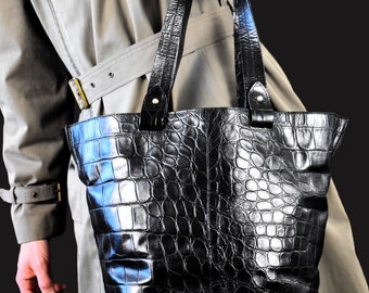 FURLA Designer crocodile-effect leather tote bag - Black Shoulderbag - Calf Leather Bag -Shopper - Vintage Bags - Made in Italy - 90s Y2K