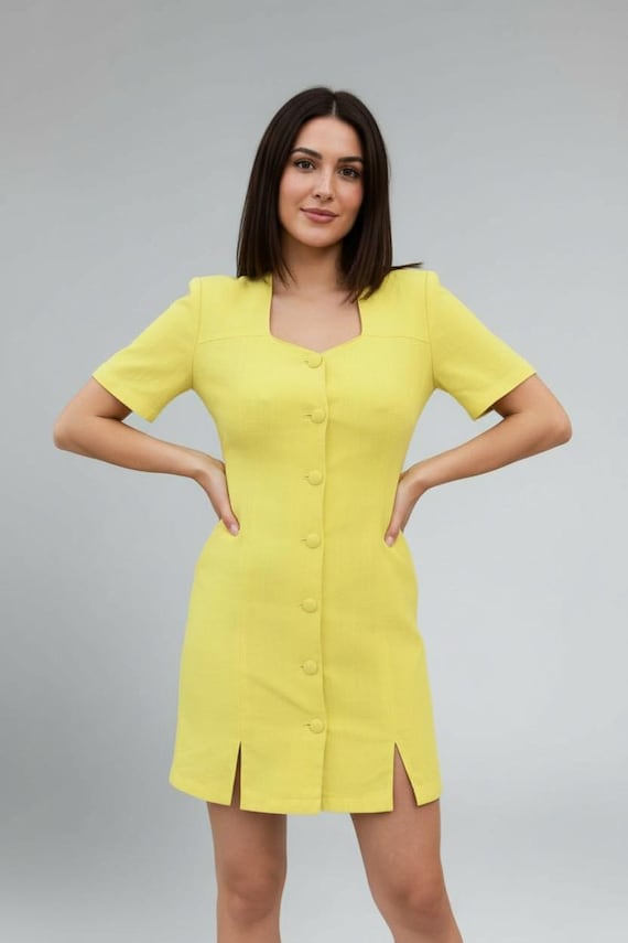 Vintage 90s Italian Yellow Mini Dress: Sweetheart Neckline, Size S-M