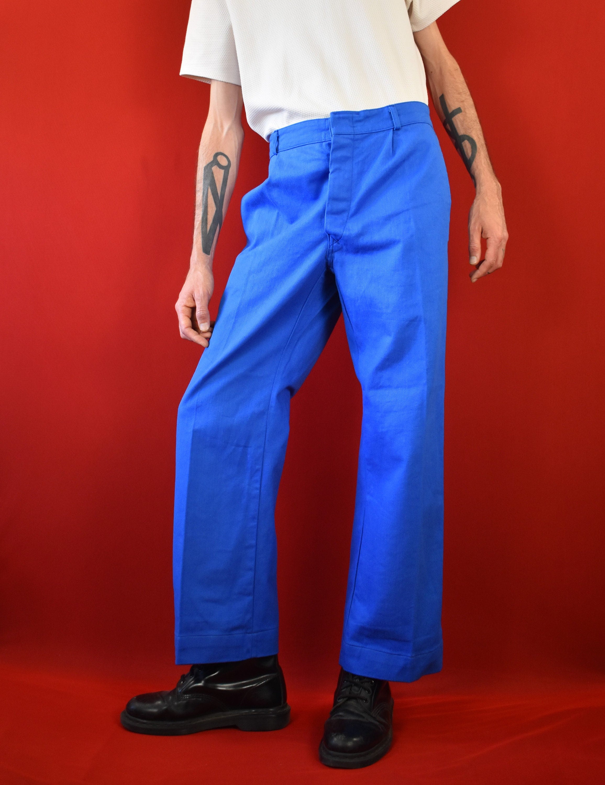 Italian Vintage 80s Moleskin Worker Pants - Indigo Blue Sanforized
