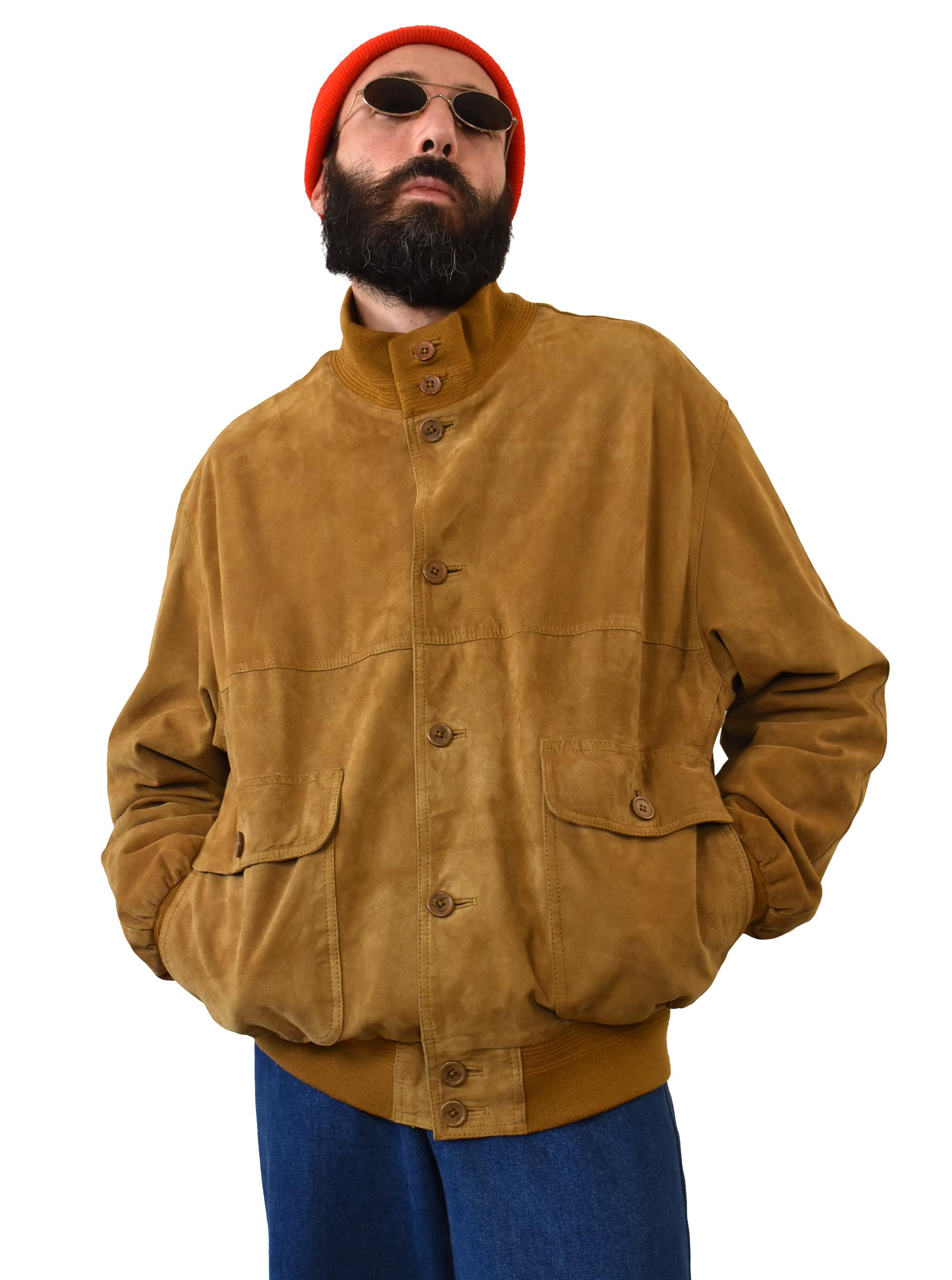 Smart Range Men's Tan Suede Retro Bomber Jacket – Classic Italian Leather, Soft, Zip Front, S-3XL