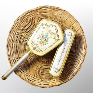 Vintage Floral Vanity Brush Set: Victorian Gold Handle Grooming Duo