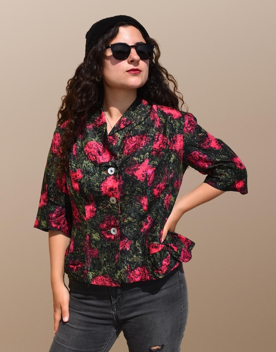 Vintage 1980s Blazer | Floral Print Lightweight Jacket | Structured Fit with Bow Detail | Button-Up Short Sleeve Top | Statement Piece