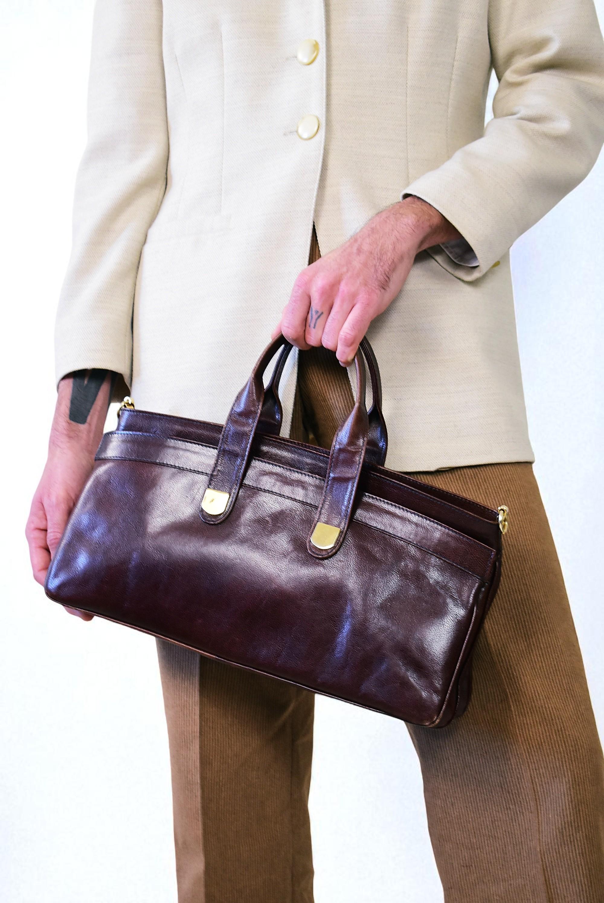 70s Italian Leather Elongated Handbag: Vintage Deep Burgundy Brown Structured Top Handle Purse