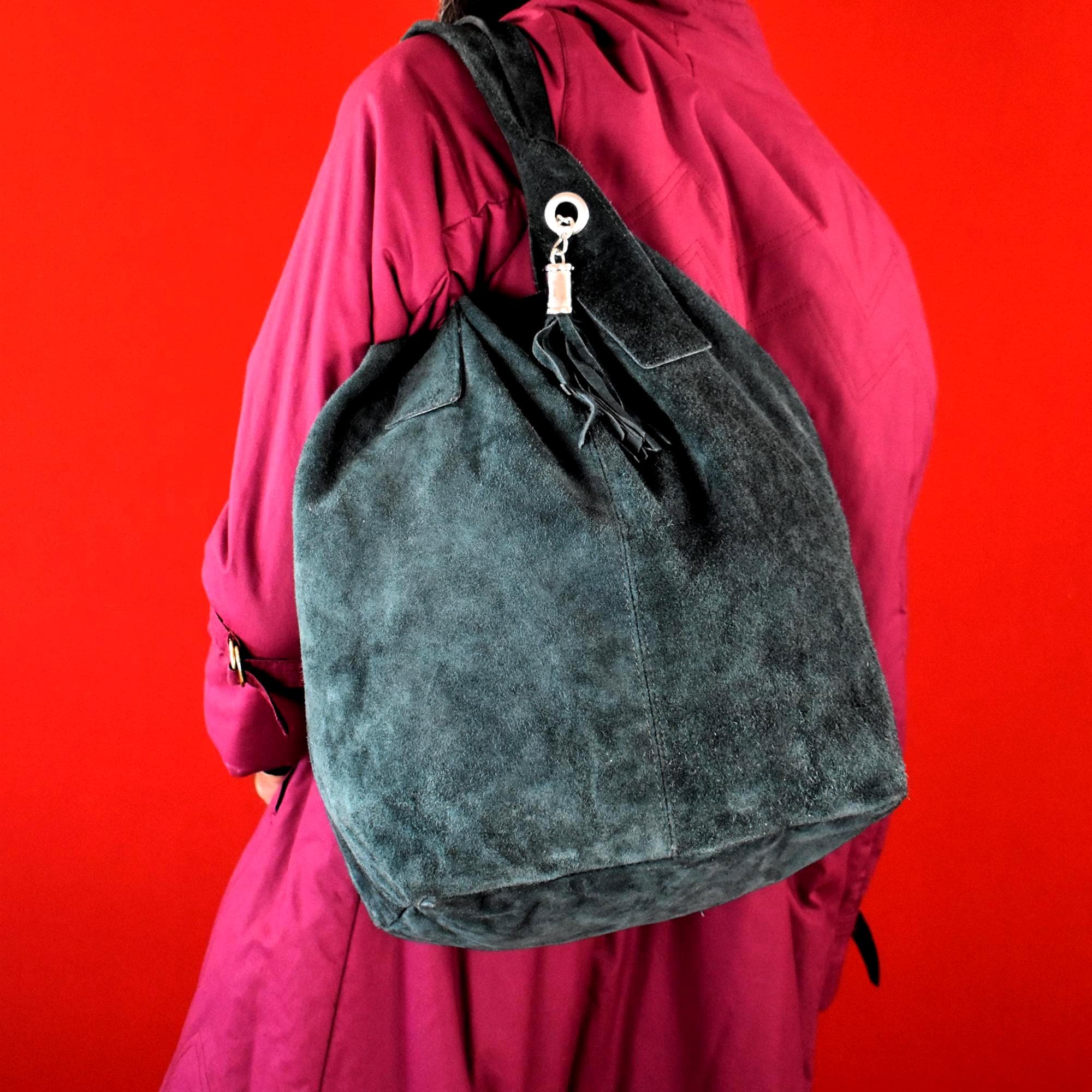 90s Italian Suede Tote Bag: Vintage Forest Green Leather Shopper 