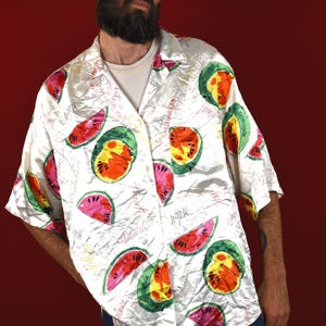 Vintage Fiorucci Watermelon Print Shirt: 80s Italian Silky Blouse