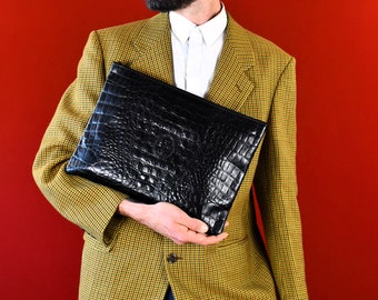 Trussardi Vintage 80s  Pochette - Croco optic black leather Designer Business Bag - Luxury Envelope Bag - Handbag - Clutch - Documents Bag