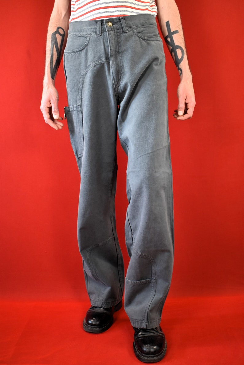 Original 90s Grey Bootcut Pants Cargo Wide Leg Trousers Pants 100% Cotton Made in Italy Baggy Mens 80s Oldschool Pants image 3