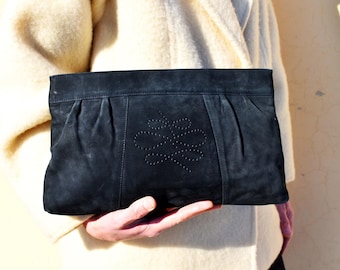 Vintage Italian Suede Clutch: Black Leather 80s Evening Bag
