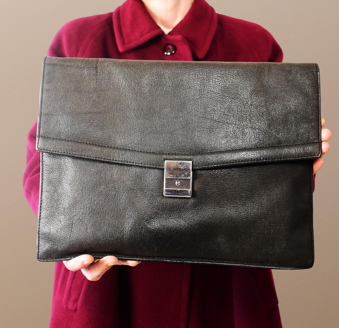 Vintage Black Leather Briefcase: 90s Minimalist Laptop Bag - Etsy