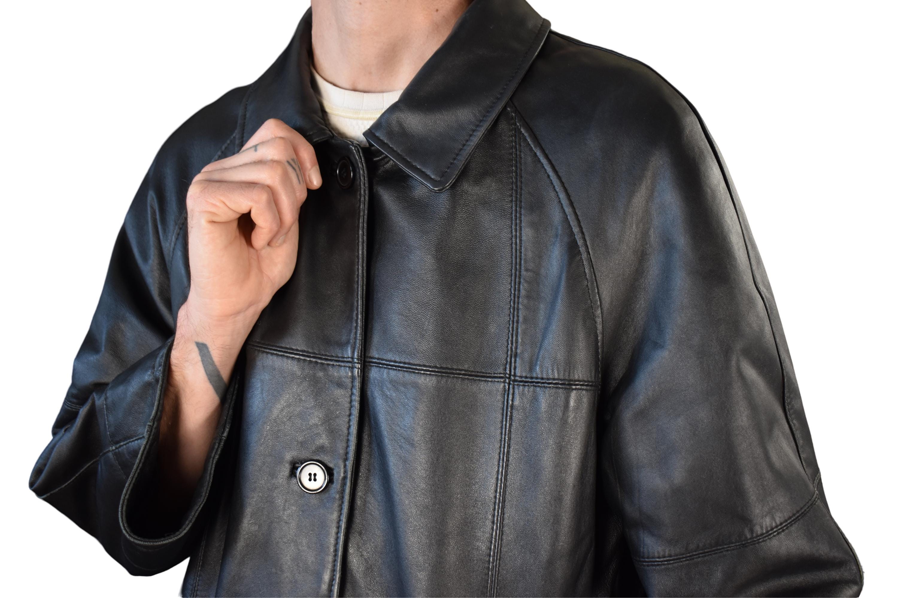 Vintage 80s Italian Leather Jacket: Minimalist Biker Coat, Boxy 