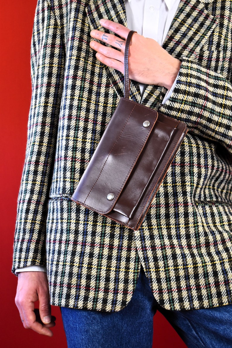 80s Italian Vintage Leather Clutch Brown Wristlet Cosmetic Bag Wallet Handbag Retro Bag Minaudiere Bag Italy Design Bag image 2