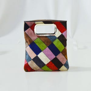 Vintage Patchwork Suede Bag | Multicolor Geometric Top Handle | Italian 70s Revival Purse | Chrome Handle Soft Tote | Quiet Luxury