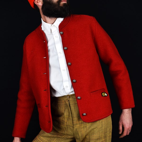 Traditional Austrian Vintage Cardigan - Stapf Tyrol Boiled New Wool Tracht - Strickjacke Red Vintage 90s - Folk Sportswear