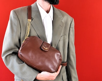 Vintage 80s Leather Shoulder Bag - Golden Chain Crossbody Bag -Made in France - Messenger Bag - Satchel Bag