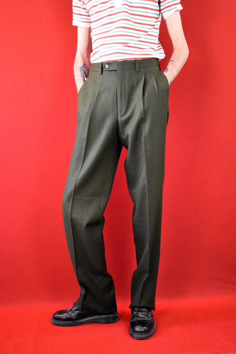 70s Dark green Vintage Wool Pants Tailored Trousers 100% Virgin Wool Elegant Business Pants Luxurious Elegant Man Pants Capsule image 4