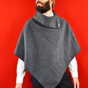 Italian Vintage Triangle Poncho Grey Boiled Wood Cape Minimal Nordic Style Ruana Capsule Wearing image 3