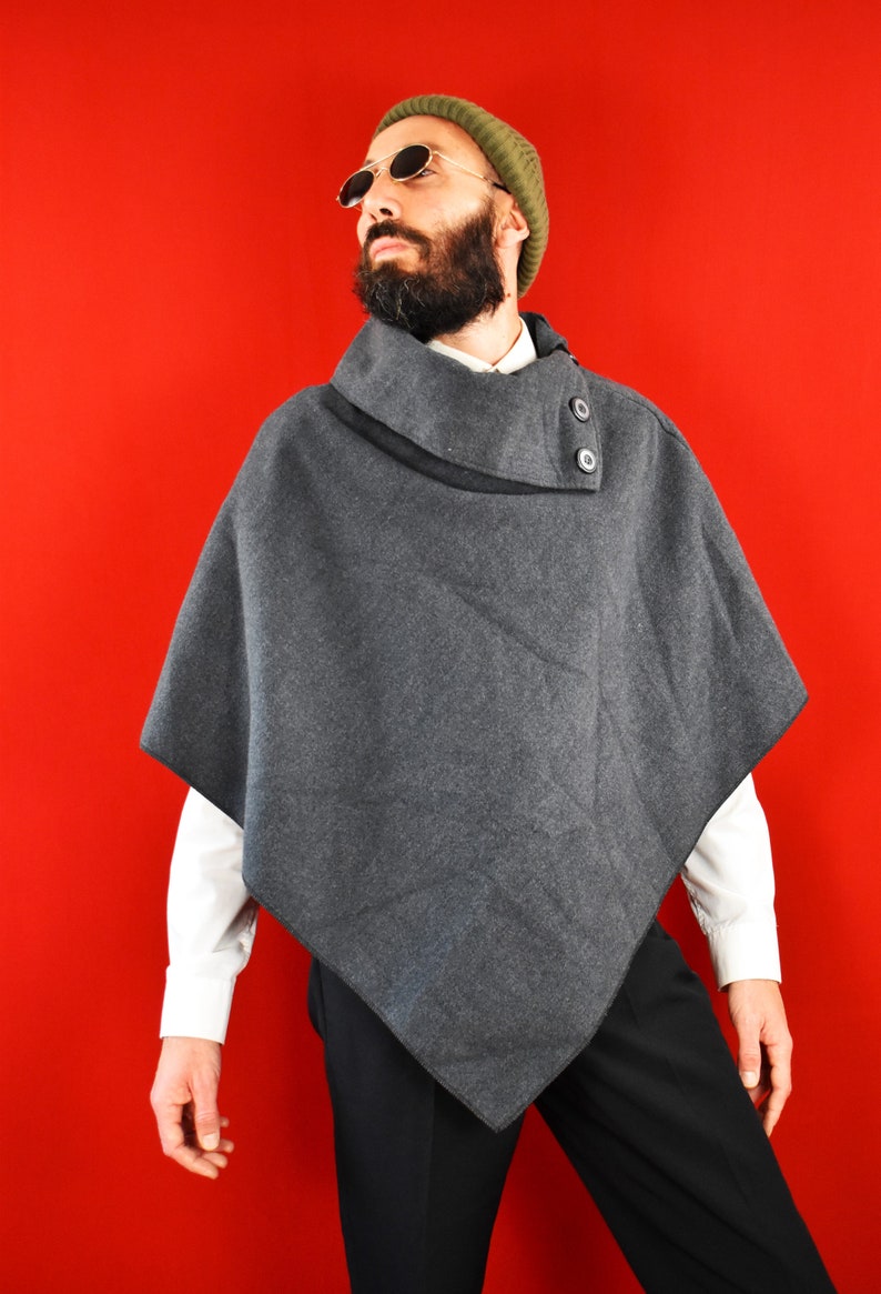 Italian Vintage Triangle Poncho Grey Boiled Wood Cape Minimal Nordic Style Ruana Capsule Wearing image 3