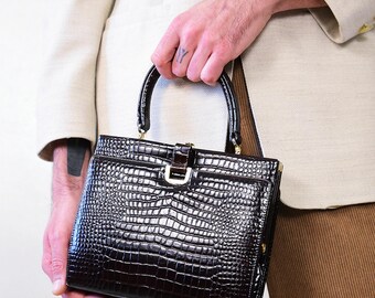 Sac Pochette En Cuir Crocodile Véritable Fiocchy Italy - Vintage Rare, Marron, Occasion