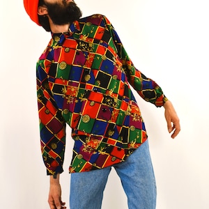 Vintage 80s Baroque Print Shirt: Multicolor Geometric Top