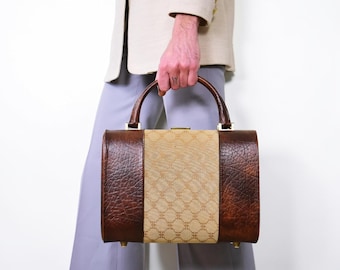 Vintage Midcentury Italian Structured Handbag | Rigid Top Handle Bag with Woven Textile Panel