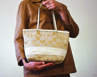 Vintage Coach Monogram Tote Bag: Original Y2K Beige Canvas and
