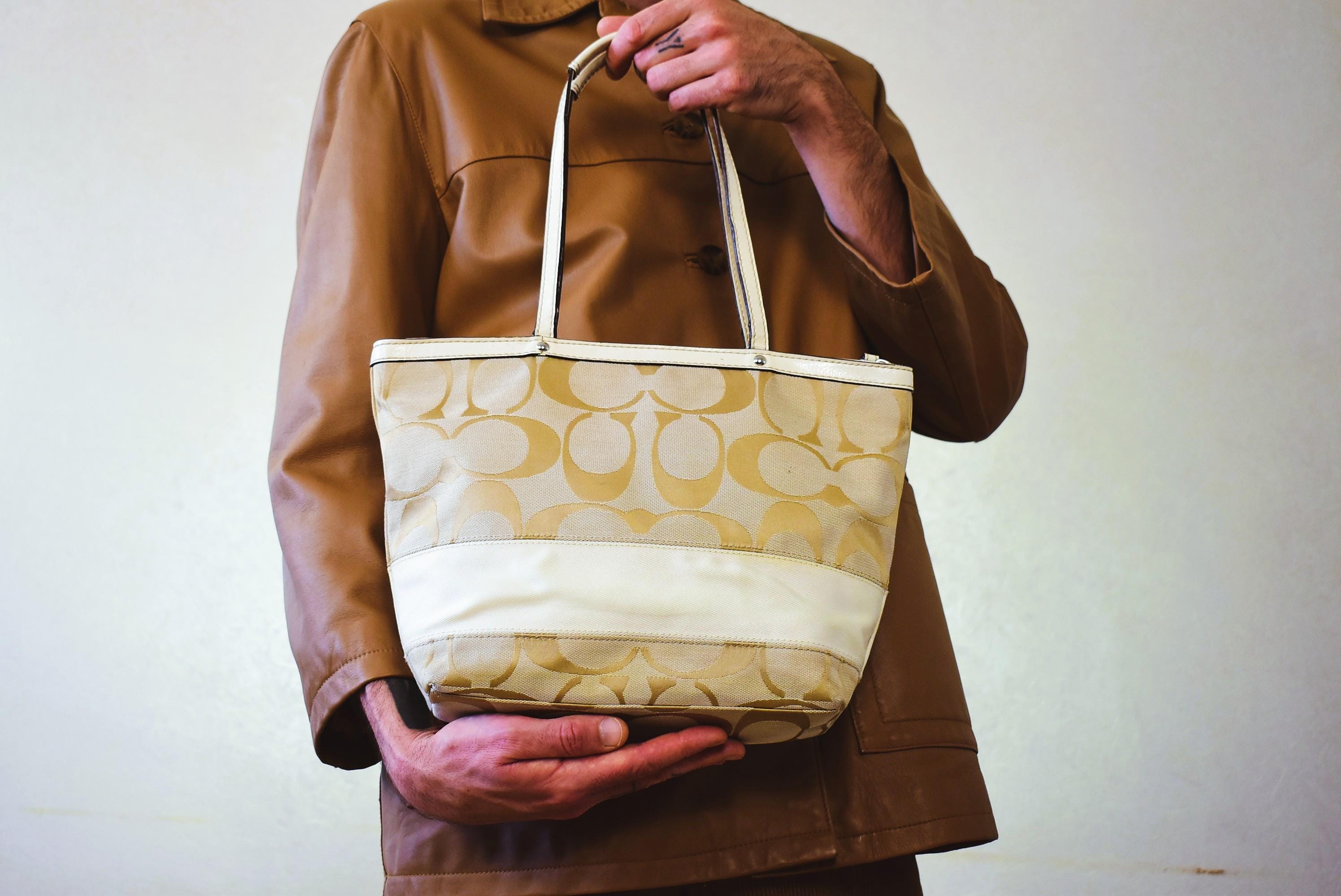 Vintage Coach Monogram Tote Bag: Original Y2K Beige Canvas and