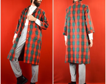 Italian 60s 70s Vintage Wool Dressing gown - Tartan Maxi Coat - Red green Kimono - Preppy House dress - Retro Patterned Trench Coat - Jacket