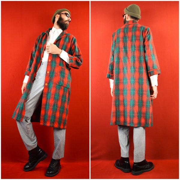 Robe de chambre en laine italienne vintage des années 60 et 70 - Maxi manteau tartan - Kimono vert rouge - Robe BCBG - Trench à motifs rétro - Veste