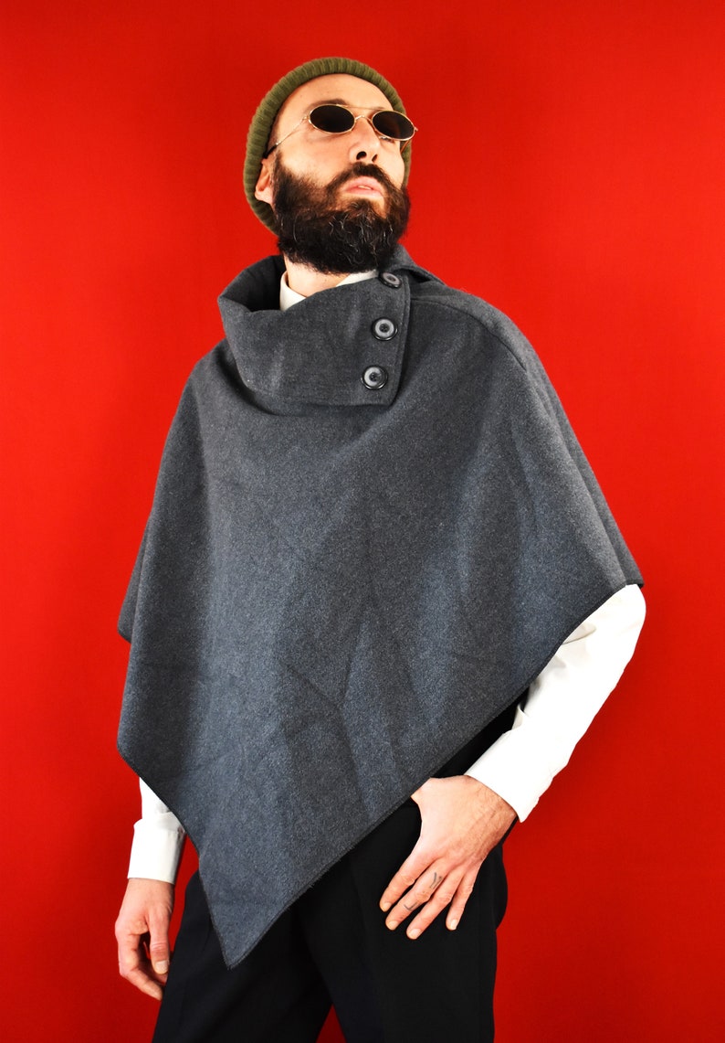 Italian Vintage Triangle Poncho Grey Boiled Wood Cape Minimal Nordic Style Ruana Capsule Wearing image 1