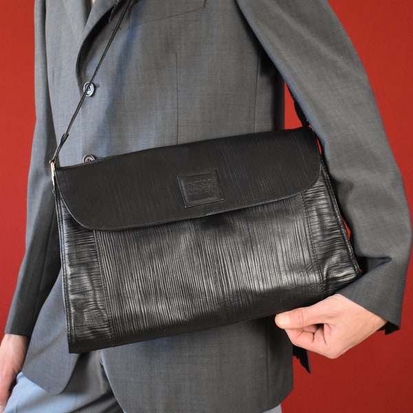 ENRICO COVERI vintage 90s Leather Shoulder Bag - Italian Designer Black Business Bag - Elegant Minimal Crossbody Bag - Nonbinary Capsule