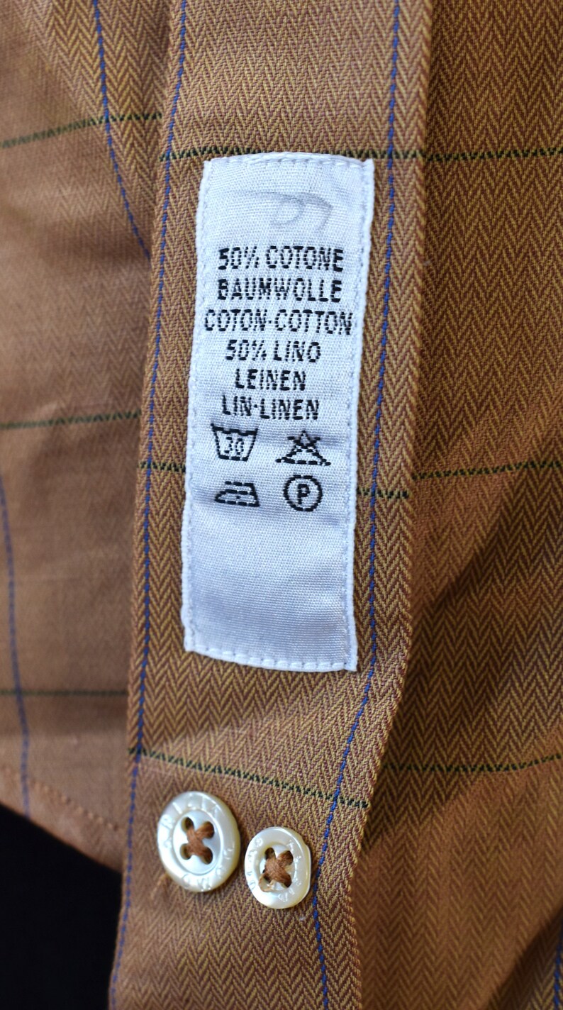 KRIZIA Designer Linen Shirt Brown Checkered Luxurious Made in Italy Linen Cotton Blend Mens Top Shirt Longsleeve Casual Shirt image 8