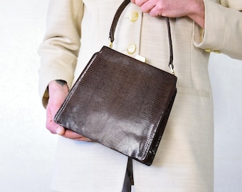 1940s Vintage Brown Lizard-Embossed Leather Top Handle Handbag | Italian Made Antique Purse
