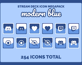 May include: A blue and white graphic design with the text "STREAM DECK ICON MEGAPACK modern blue" and "254 ICONS TOTAL". The graphic features 12 icons in a grid, including Discord, Twitch, heart, mute, and controller icons.