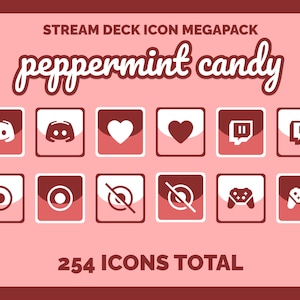 Puede incluir: Un conjunto de 254 iconos de Stream Deck con un tema de caramelo de menta. Los iconos están dispuestos en una cuadrícula de 12, con un esquema de color rojo y blanco. Los iconos incluyen símbolos de Discord, Twitch, corazón, micrófono y mando de juego.