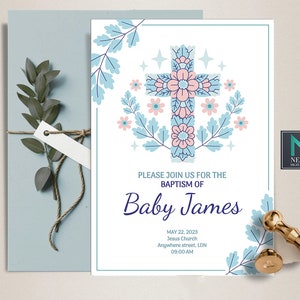 Personalisierte Taufe Einladung, Taufe Floral Mädchen Taufe oder Taufe Junge Einladungen Religiöse Einladung, E Card BI1067