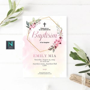 Blumenmädchen Taufe personalisierte Taufeinladung, Pinky Taufe Junge Einladungen Religiöse Einladung, E Karte BI1069