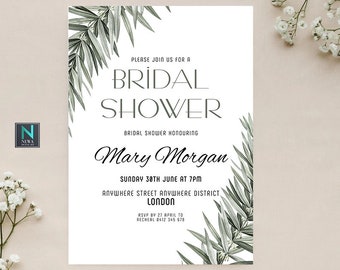 Tropical Tree Green Floral Bridal Shower Editable Invitation Template Watercolour Boho Wedding Garden Party Elegant Summer Shower Invite