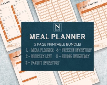 May include: A printable meal planner bundle with five pages. The pages include a meal planner, grocery list, pantry inventory, freezer inventory, and fridge inventory. The pages are designed with a watercolor background and have a light orange and white color scheme.