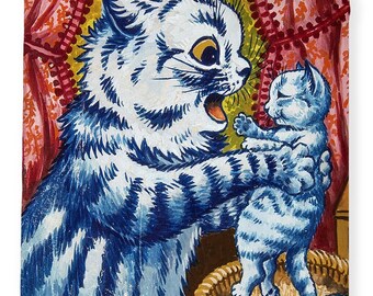 May include: A blue and white striped cat with a surprised expression holds a smaller blue and white striped kitten in its paws. Three other kittens are sleeping in a basket behind the cat.