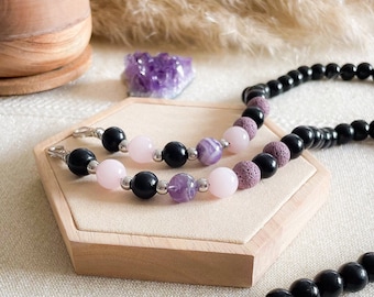 Diffuser PHONE CHAIN Amethyst Rose Quartz I Lava Stone I Wooden Beads - handmade gemstone accessory