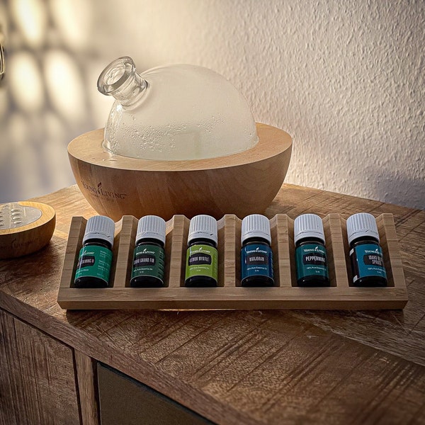 Essential oil holder I display made of solid wood - also ideal for drawers or cupboards - 6 compartments for bottles and roll-ons