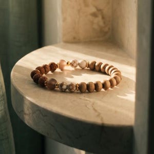 Peut inclure: Un bracelet de perles composé de perles de pierre de lave poreuses brun foncé, de perles brunes mates lisses et de perles blanches marbrées avec des veines brunes. Les perles sont rehaussées de petites entretoises en métal doré poli.