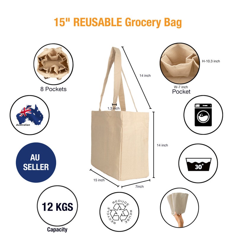 May include: A beige reusable grocery bag with 8 pockets, a 7-inch wide pocket, and a 15-inch by 7-inch main compartment. The bag has a 1.3-inch wide strap and is 14 inches tall. The bag is made of canvas and has a 12 KGS capacity. The bag is machine washable and can be recycled.
