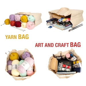 May include: Two canvas tote bags, one filled with yarn and knitting needles, the other with art supplies, including paint tubes, brushes, and a sketchbook. The bags are labeled "Yarn Bag" and "Art and Craft Bag".