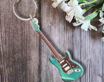 Green Fender Stratocaster Electric Guitar Keychain with or without Pick Holder Miniature Guitar Music Gift Idea